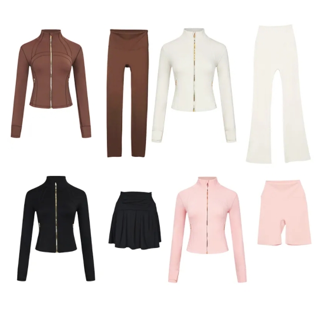 Women's Yoga Outfit short set version Black and Gold Jacket Nude Solid Color Long Sleeves Jacket Shaping Waist Fitness Sportswear