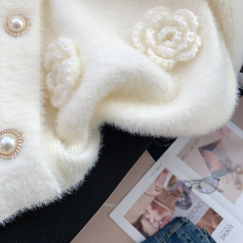 Mink Velvet Gentle Soft Glutinous Style Three-Dimensional Flower Sweater Cardigan Coat Women Autumn Niche Sense Knitted Shirt Top 250723