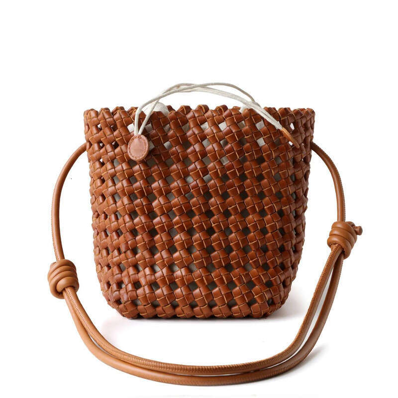 2025 New Niche Vintage French Genuine Leather Woven Cowhide Hollow Mini Women Handbag Shoulder Crossbody Bucket Bag