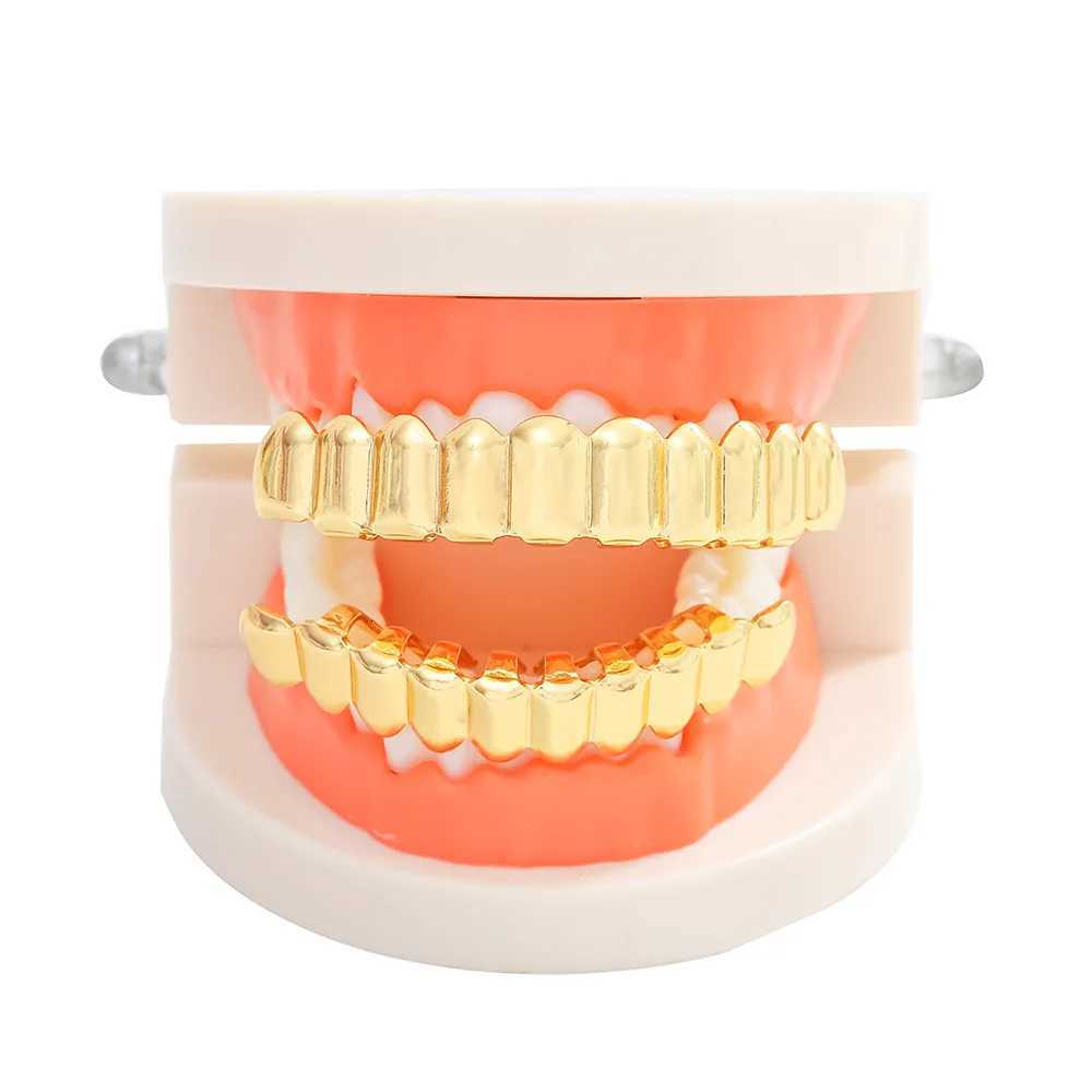 RACHELZ Hip Hop Classic 10/10 Glossy Teeth Grillz Golden Top Bottom Tooth Caps For Women Men Jewelry Party Halloween Gift XJ250722