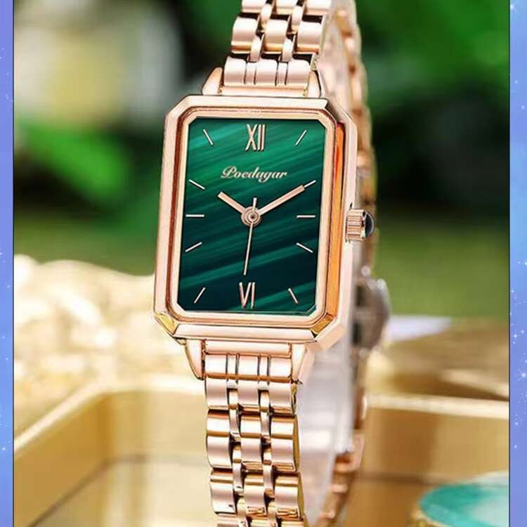 DHgargets POEDAGAR Women's Rectangle Watch - 50M Waterproof, Stainless Steel Band, Small Green Dial, Quartz Wristwatch for Students