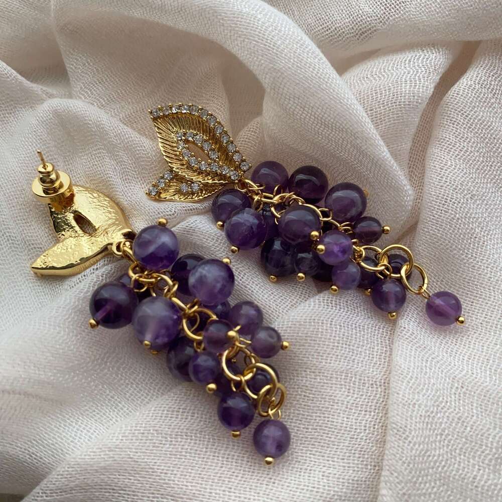 Vintage Jewelry Exaggerated Tassel Crystal Grape Palace Court High-end Light Glass Earrings for Women