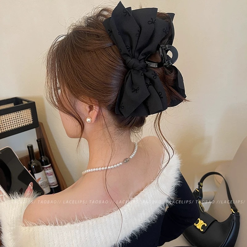 High end black bubble bow hair clip, large size hair display, large hair volume, back of the head bun hair, shark clip hair accessory