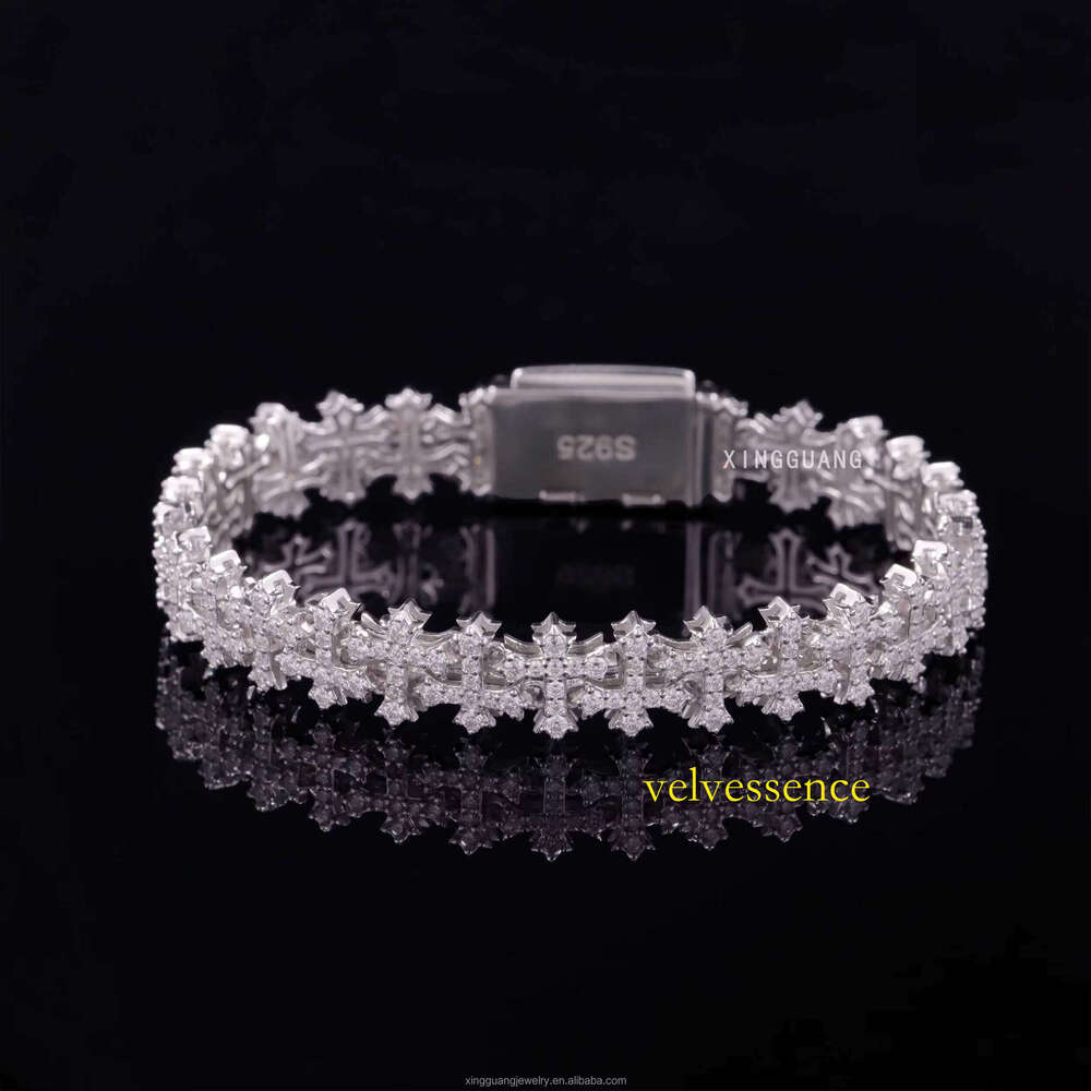 New Arrival 12mm Sterling Sier GRA Certificate Dia Moissanite Cuban Link Cross Bracelet