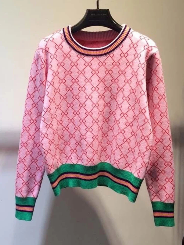 Sweet Pink Letter Jacquard Sweater for Women Formal Elegant Office Lady Winter Warm Jumper Pullover Korean Fashion Loose Y2K Top 250723
