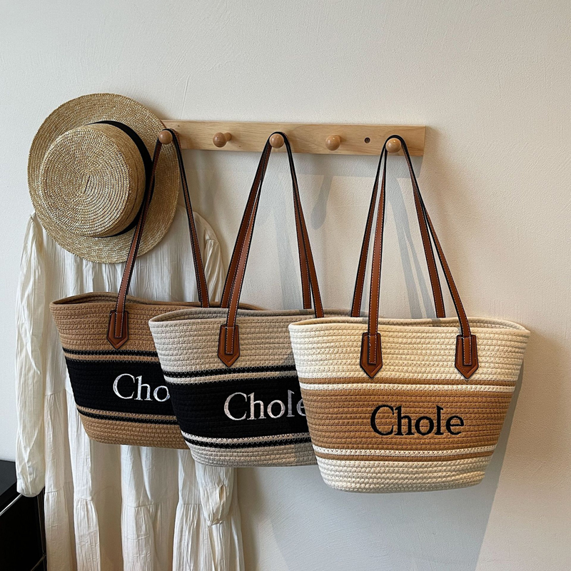 Designer bag Canvas bag Tote bag Shopping bag Single shoulder handbag Women's style Woody printed linen canvas with calf leather - Beige/Brown