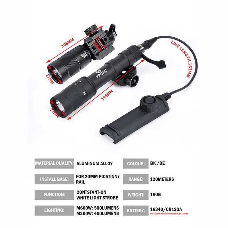 WADSN M300W M600W Tactical Flashlight Strobe Scout Lamp Airsoft Hunting Weapon Light Dual Control Switch Fits 20mm Picatinny Rail W250722