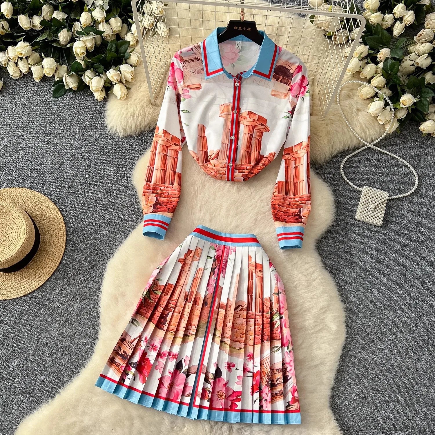 Summer Runway Holiday Gorgeous Flower Skirt Suit Long Sleeve Print Shirt Tops Pleated Mini Skirt Womens 2 Piece Outfits Skirt 250723