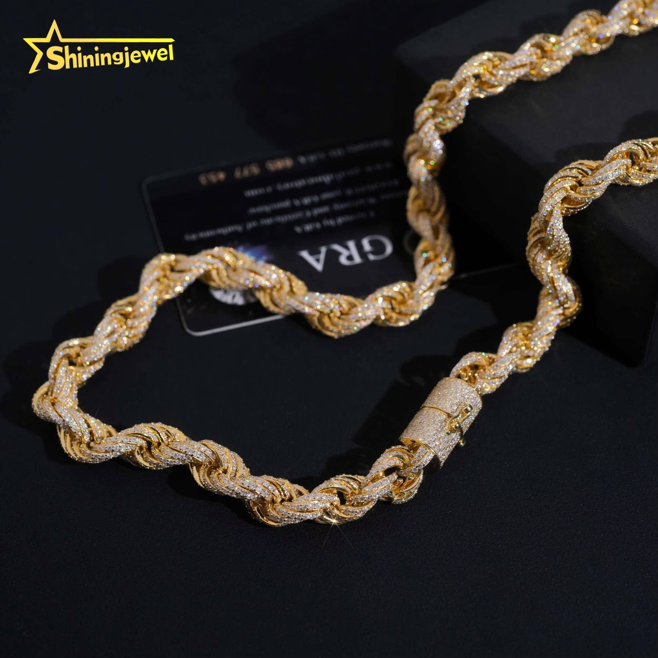 Pass Diamond Tester Hip Hop 10mm 925 Silver Gold Plated Fully Iced Out VVS Moissanite Rope Chain
