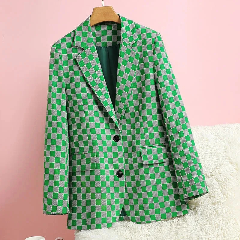 Spring Autumn Products Black Green Checkerboard Plaid Suit Jacket Womens Casual Fashion Trend Blazer 250723