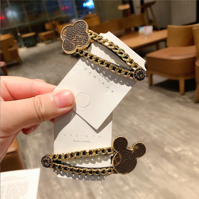 for woman Luxury Designer Heart Clips With Metal Chain Edge - Faux Leather Accent Retro Style Side Hair Clamp For Women And Girls Free Ship