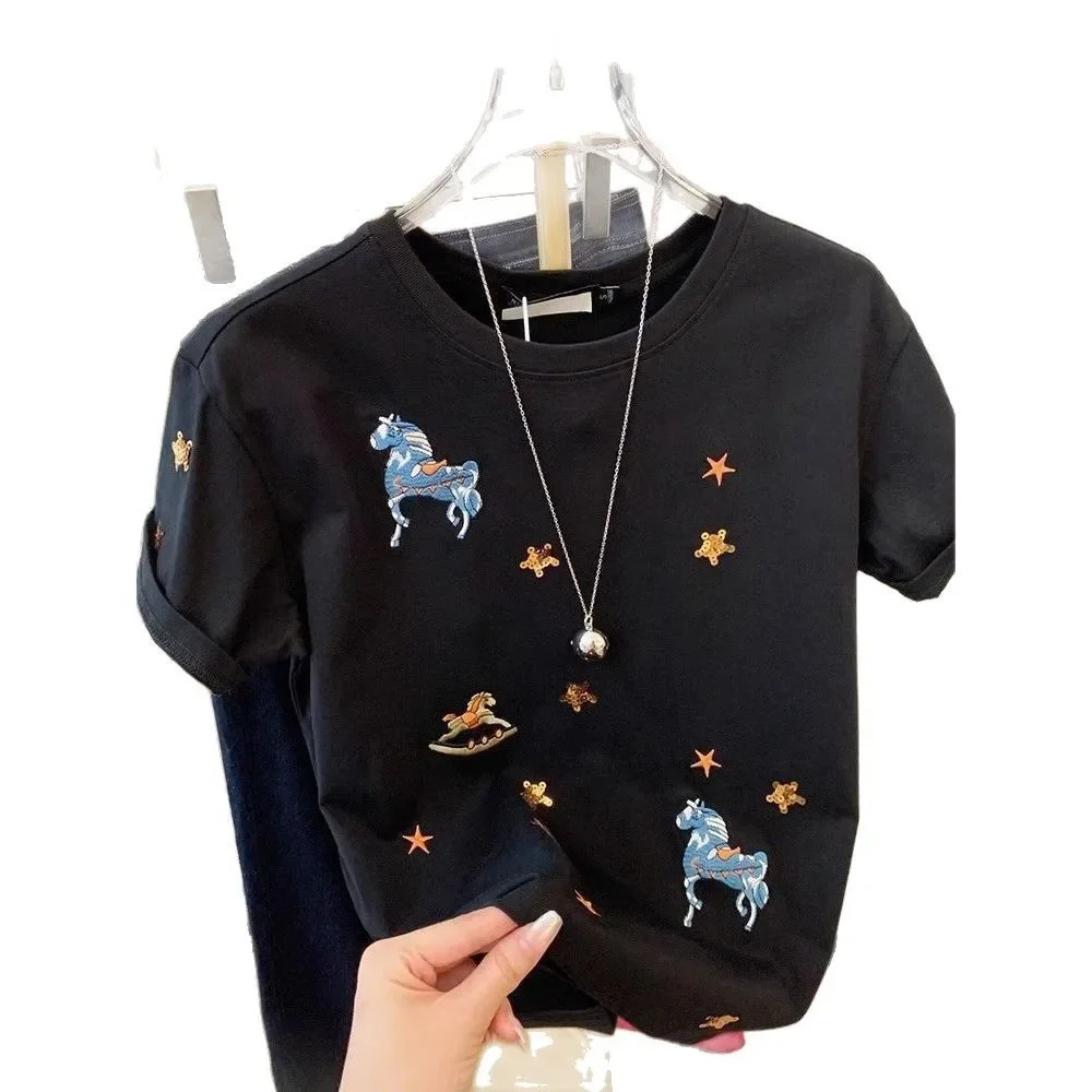 Lanjia- High-End Summer Pure Cotton Short Sleeve Black T-Shirt Womens Fashion Top Metal Embellishment Crew Neck Tee European Style 250723 A4f4b