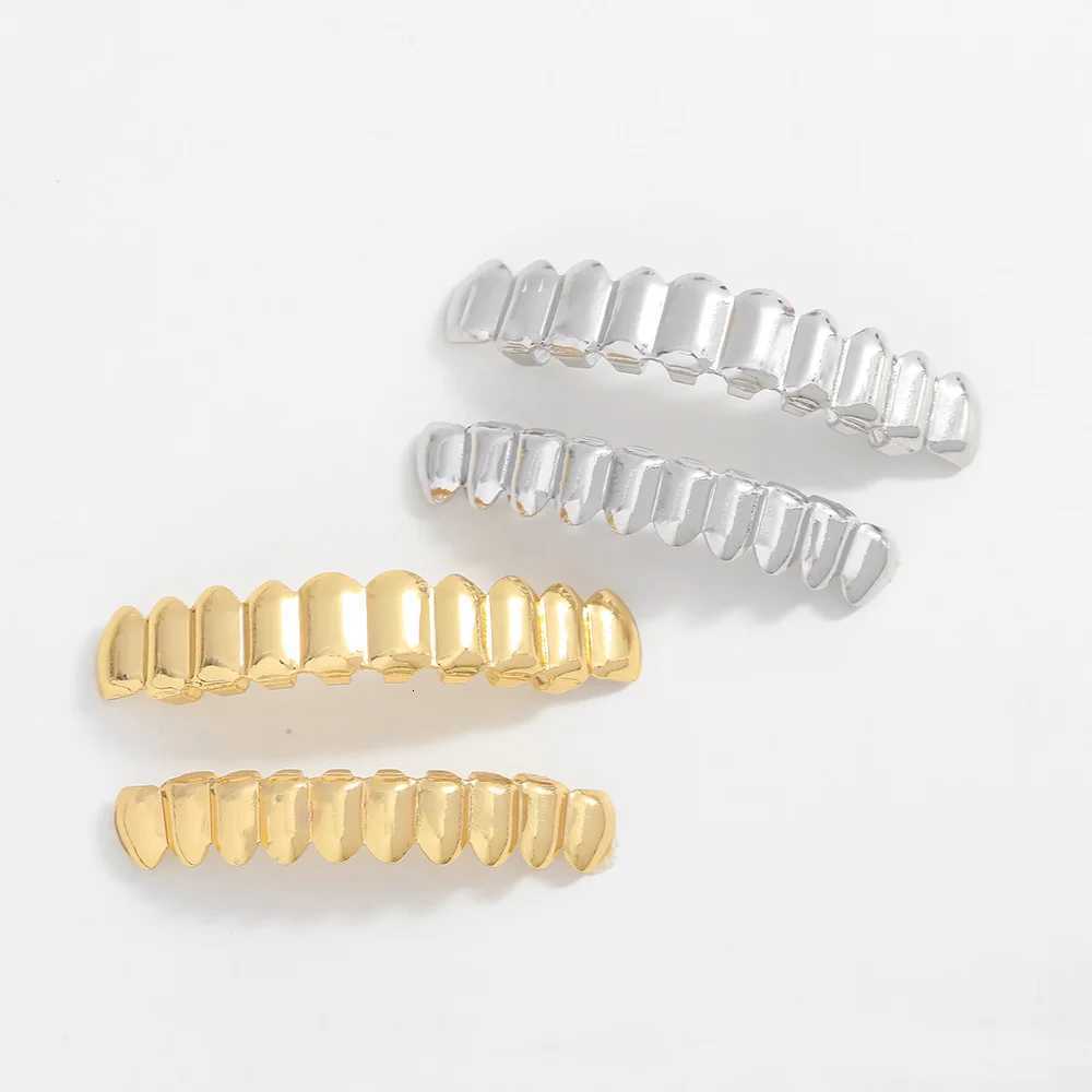 RACHELZ Hip Hop Classic 10/10 Glossy Teeth Grillz Golden Top Bottom Tooth Caps For Women Men Jewelry Party Halloween Gift XJ250722