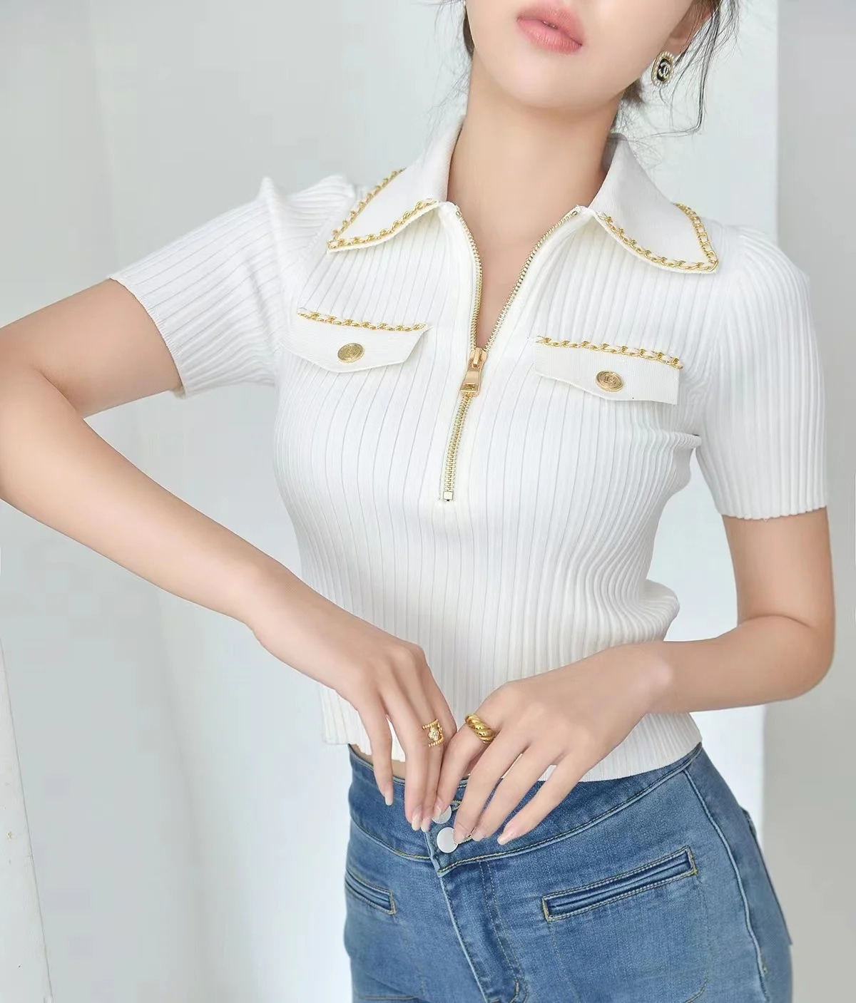 Summer Fashion Slim Knitted Tshirt Sweater Women Stylish Chain Buttons Zip-up Tees Tops Vintage Elegant Chic Ladies Knitwear 250723