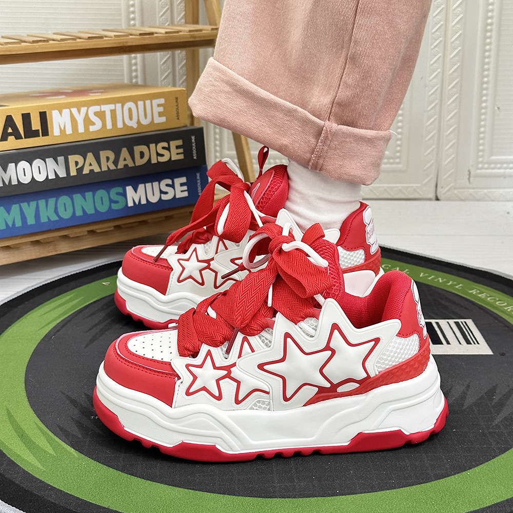 White thick-soled breaded sneakers for couples height-increasing thickened casual sports shoes star pattern footwear for men