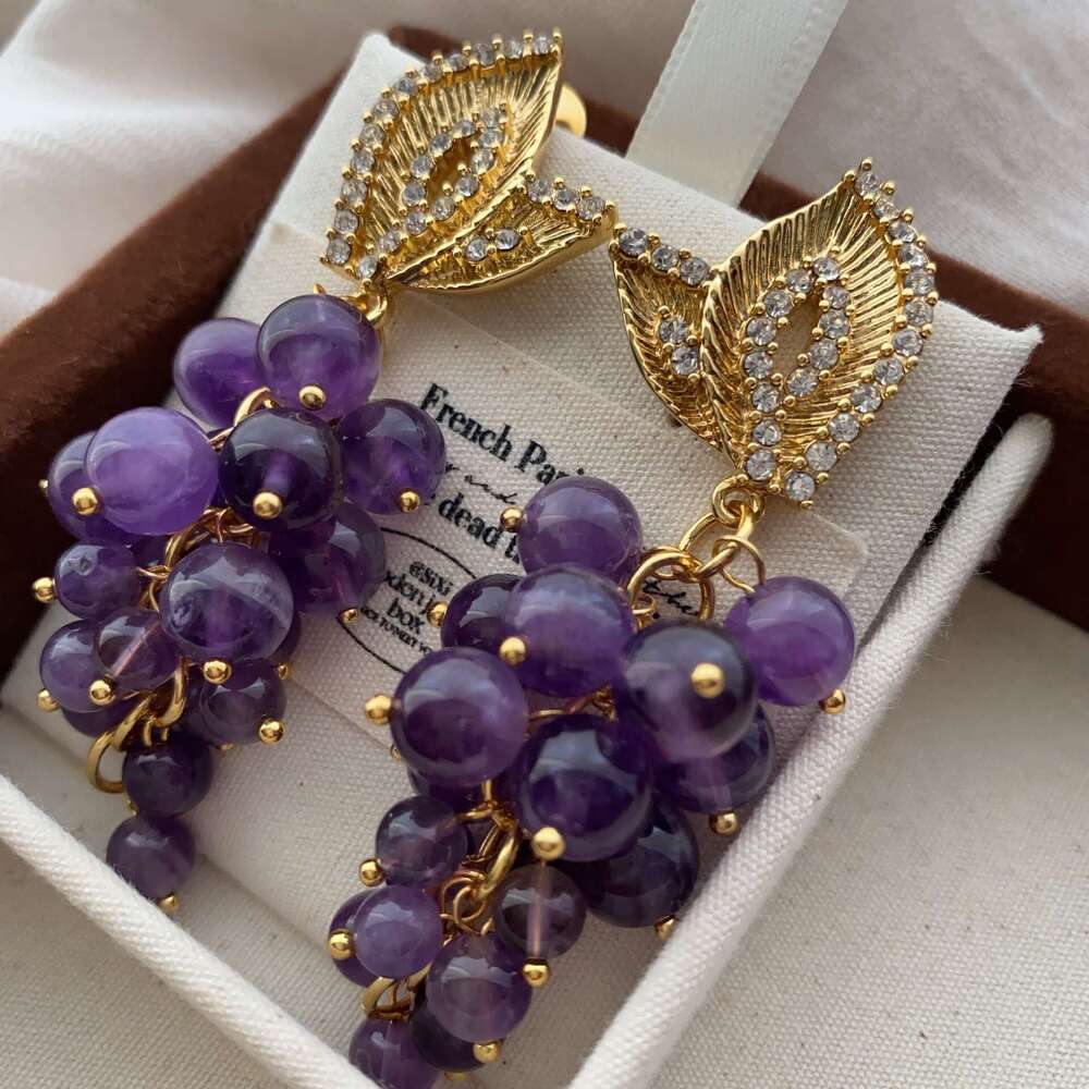Vintage Jewelry Exaggerated Tassel Crystal Grape Palace Court High-end Light Glass Earrings for Women