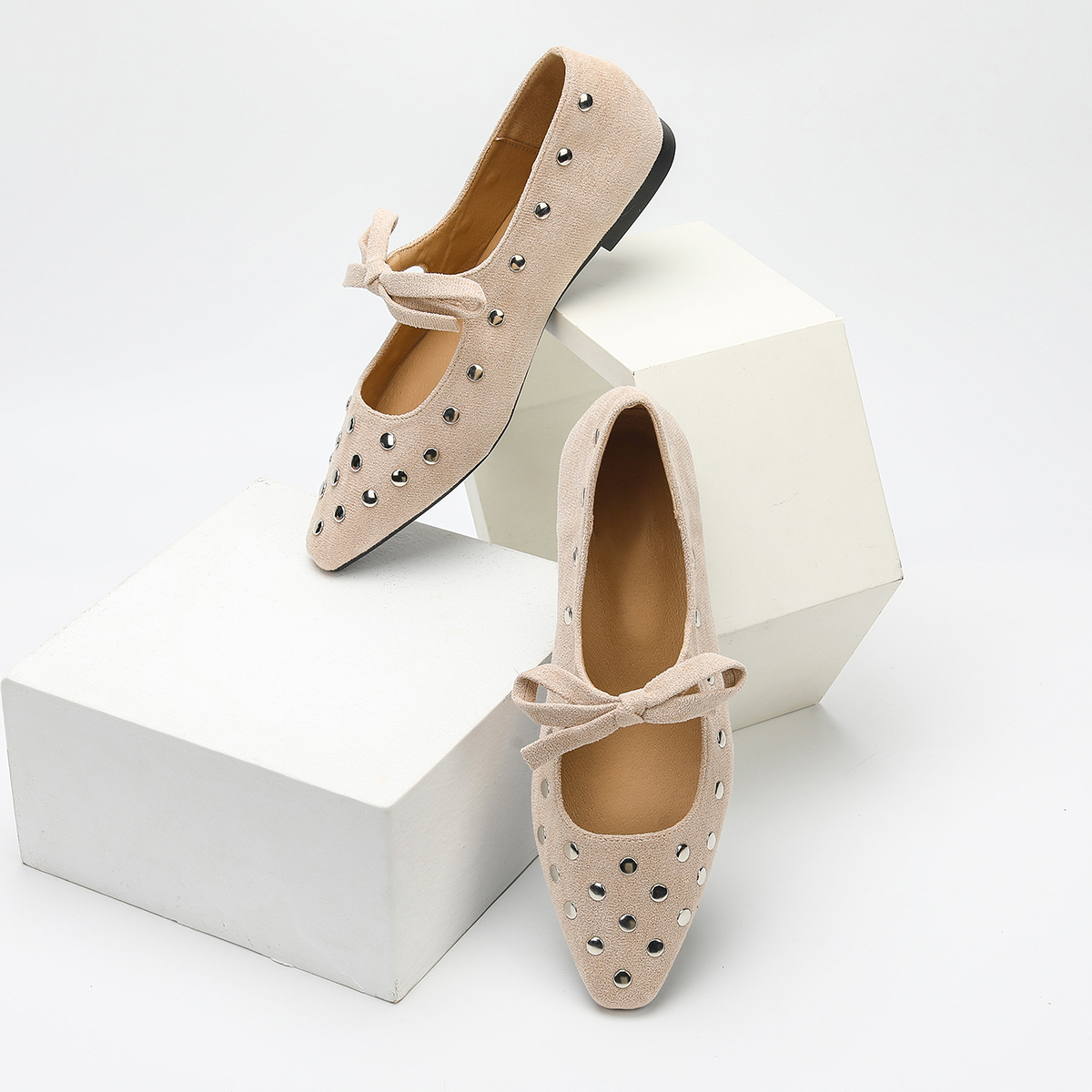 casual flat shoes Spring and autumn new style faux suede bow decorated solid color light-mouthed small square toe versatile