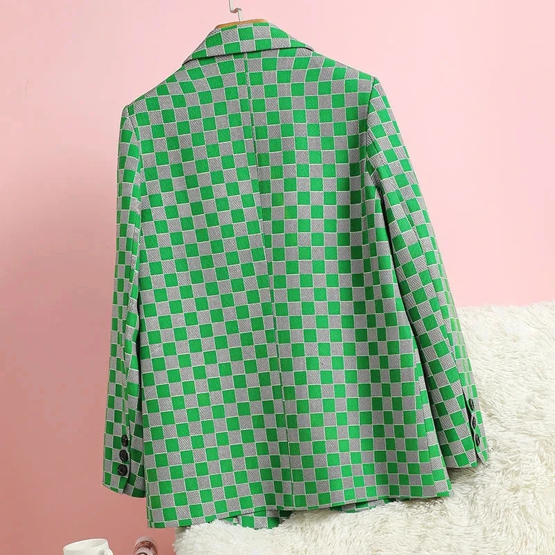 Spring Autumn Products Black Green Checkerboard Plaid Suit Jacket Womens Casual Fashion Trend Blazer 250723