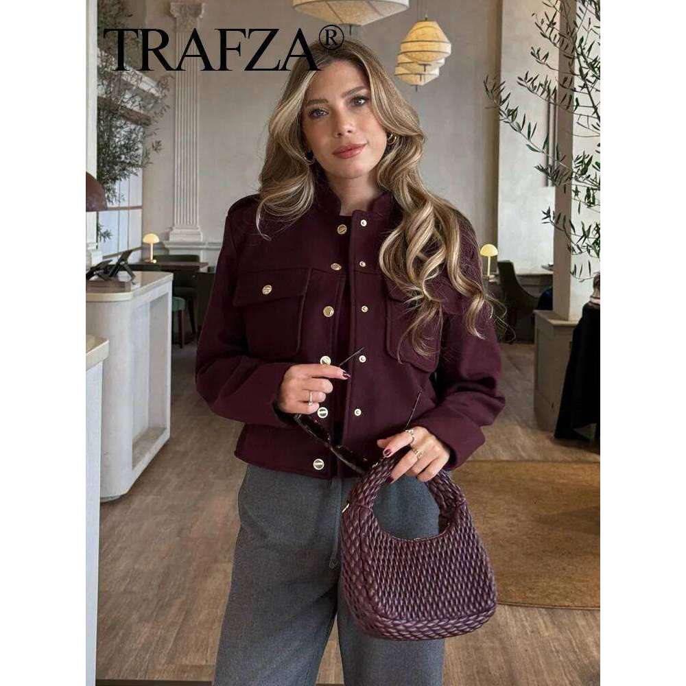 hoodie Fashion Women Soft Tweed Bomber Jacket O-Neck Long Sleeve Pockets Buttons Loose Woolen Coat Female Streetwear jacket