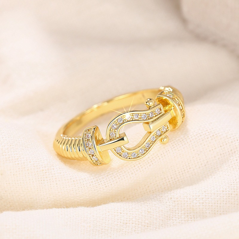 Designer Jewellery High Quality Gold Tone Buckle Shaped Ring with Crystal Accents Party Daily Wear Gift for All Occasions Textured Stylish Accessory