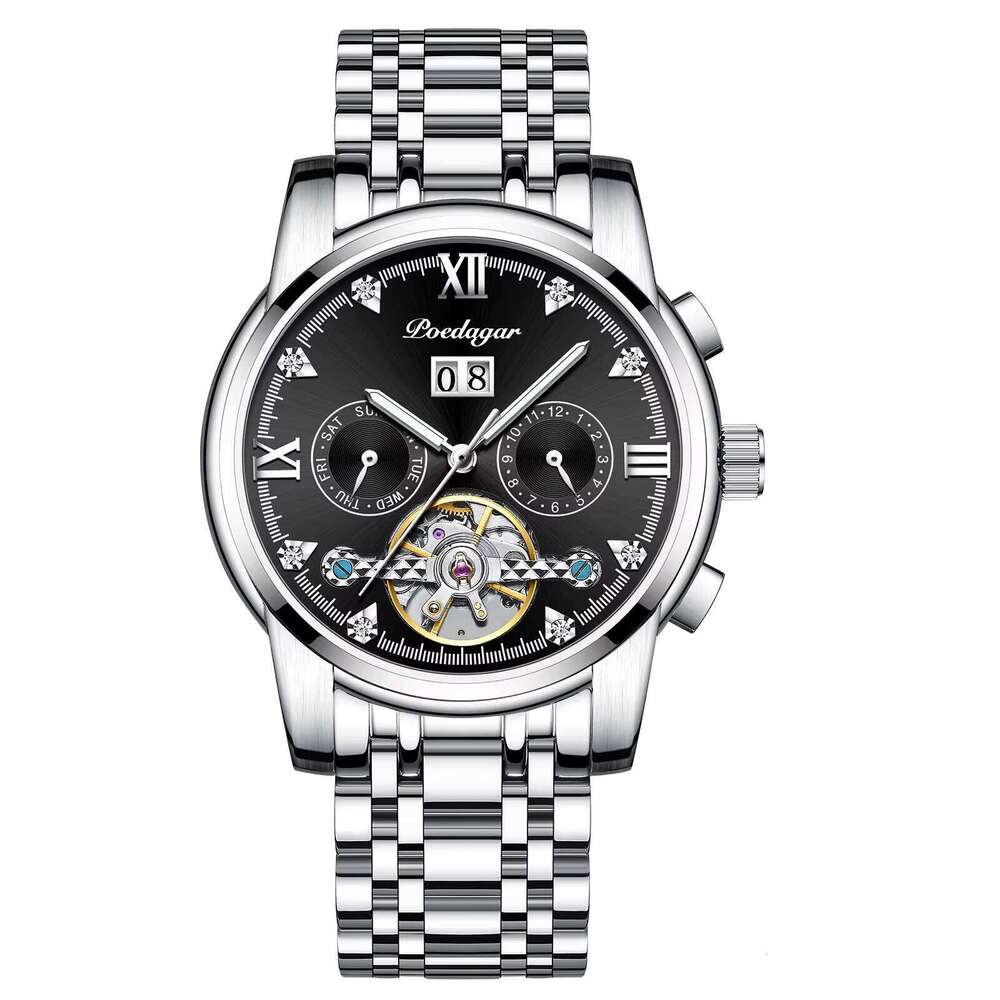 DHwatches POEDAGAR Men's Luxury Automatic Watch - Tourbillon, Day/Date/Month, 50M Waterproof, Luminous, Stainless Steel, Business Mechanical Watc