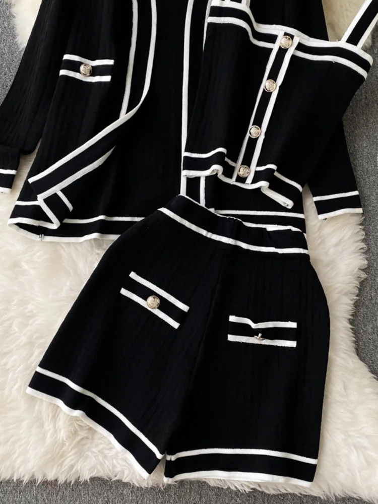 Casual Long Sleeve V Neck Cardigan Jacket Sling Vest High Waist Shorts High Quality Chic Button Knitted Vintage 3 Piece Sets 250723