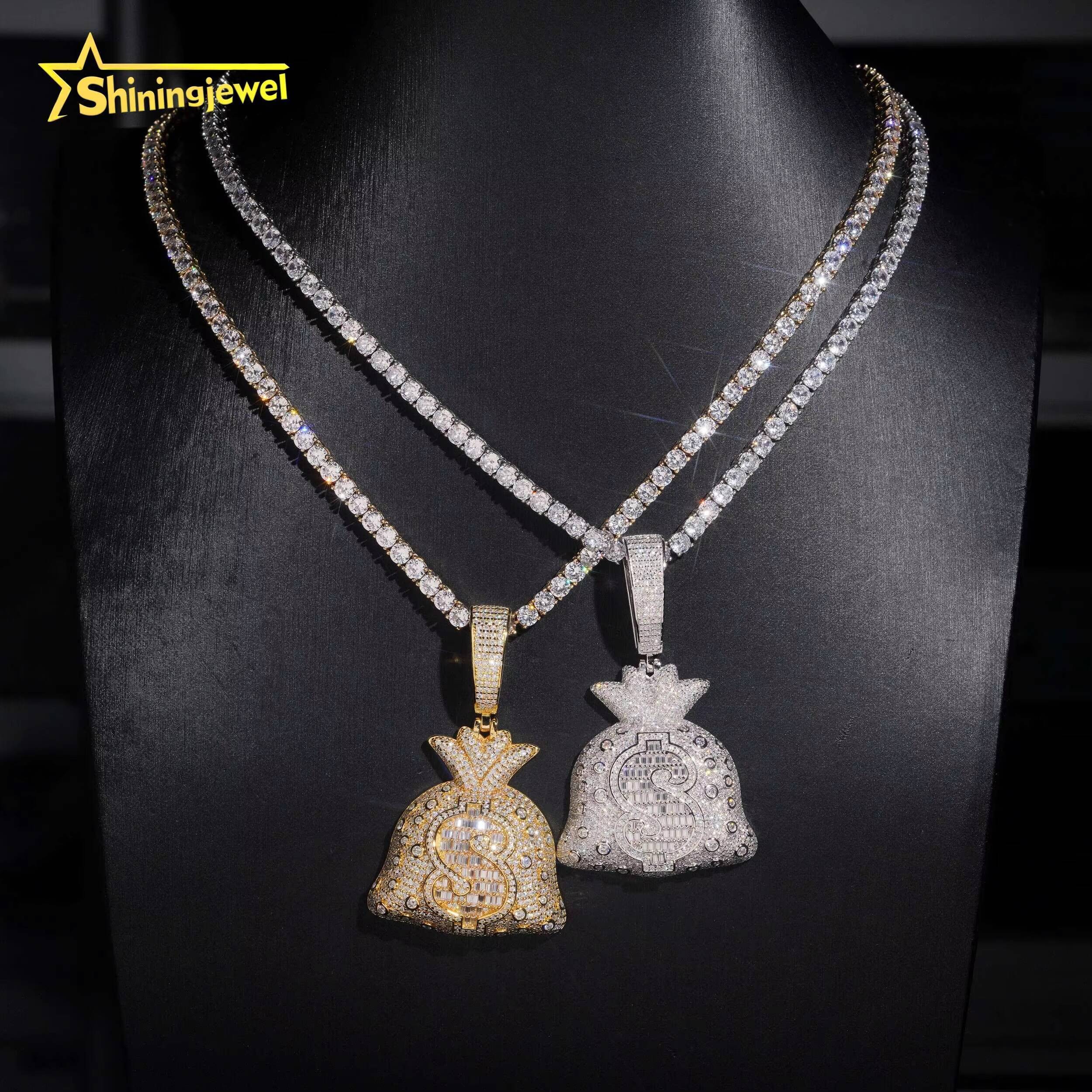 Solid Back Hip Hop Jewelry Money Bag Pendant Custom Iced Out Fashion 925 Silver VVS Moissanite Baguette Diamond Wealthy Pendant