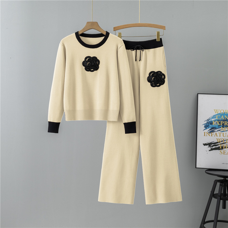 Autumn Winter Knitted Set for Women Round Neck Knitted Sweater Wide Leg Pants Elegant Two-Piece Set 250723