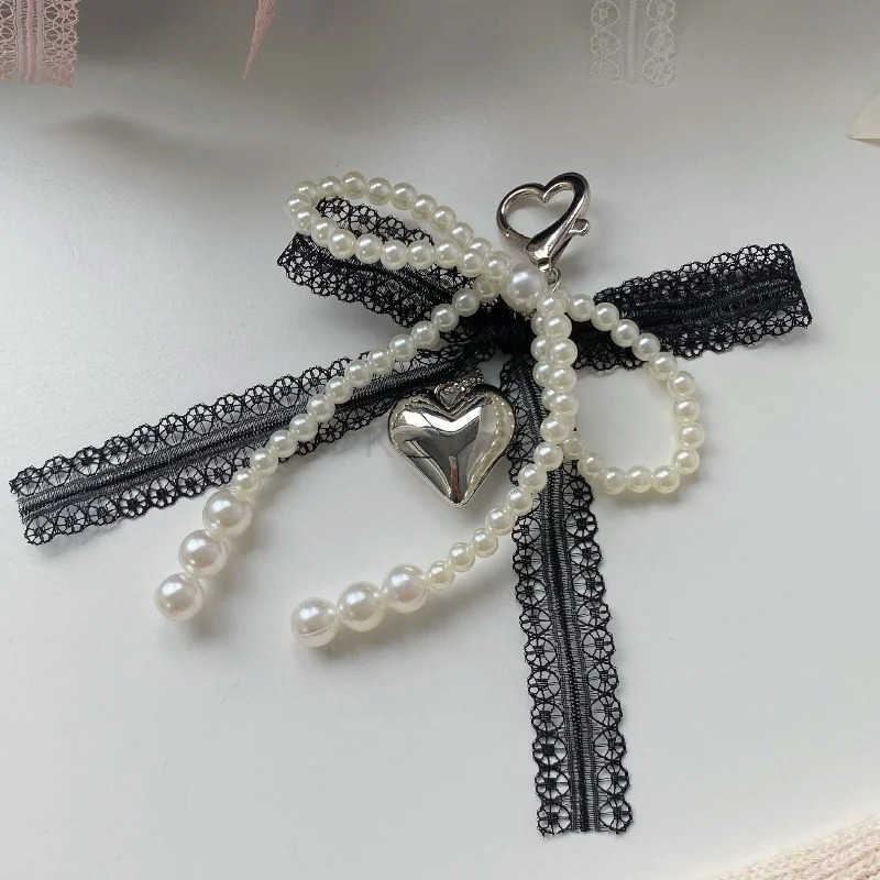 Sweet Imitation Pearls Lace Bow Beaded Keychain Phone Charm Strap Pendant for Phone Accessories Bag Hanging Cord for Women Girl M250723
