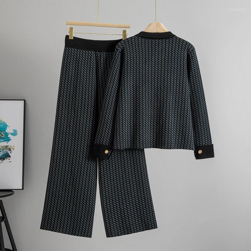 Women's Tracksuits Elegant Turndown Collar Long-sleeved Single-breasted Chequer Cardigan Top Wide Leg Pant 2-piece Set Women Fashion Autumn Desig