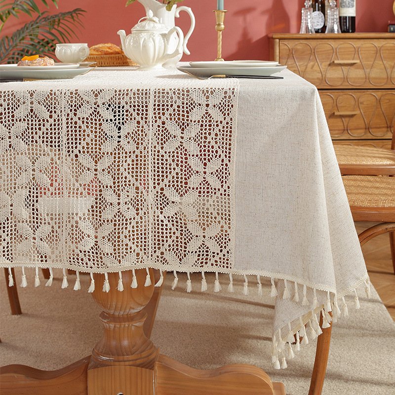 YL-36781 new tablecloth polyester linen simple temperament hollow splicing rectangular high-grade retro coffee table dining table cover cloth spot