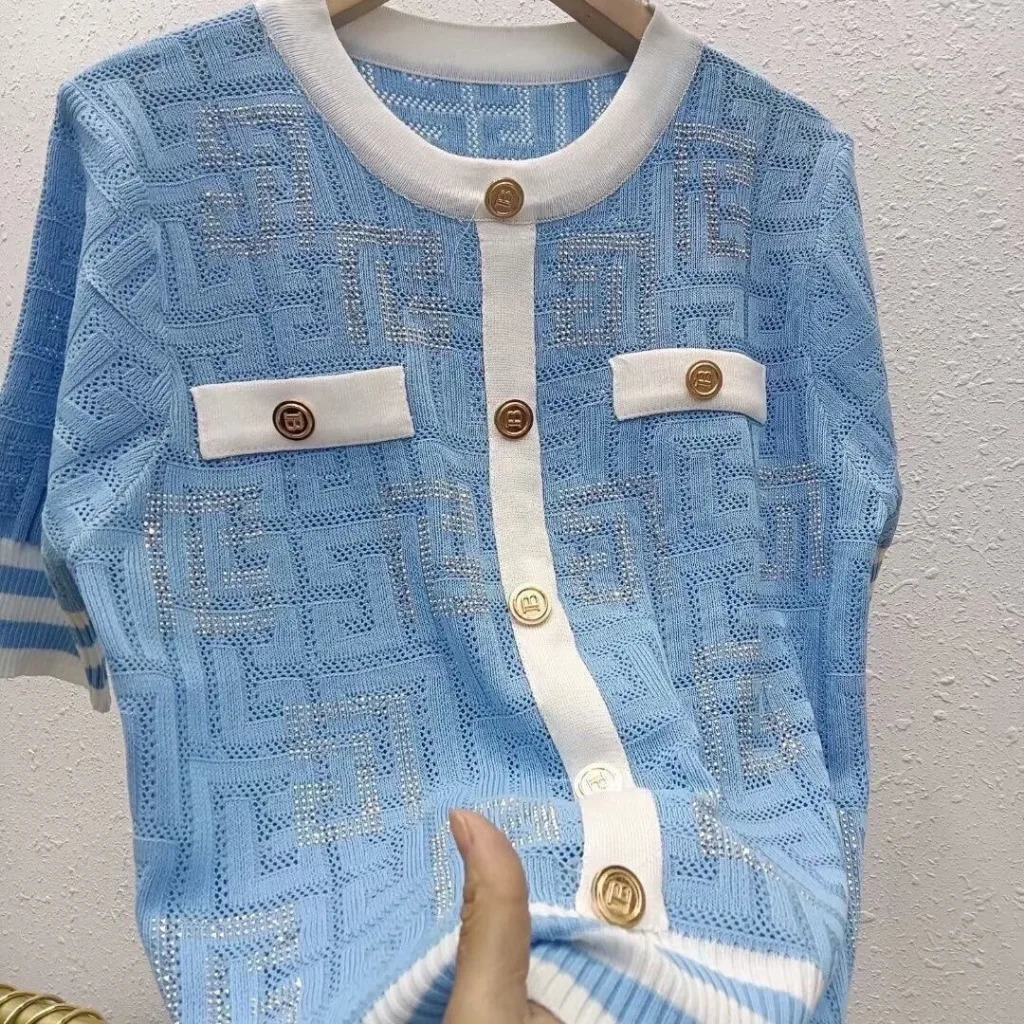 Highend Shiny Diamond Ice Silk Tshirt Thin Tops Button Summer Knit Tees Short Sleeve Striped Womens Clothing Outerwear 250723