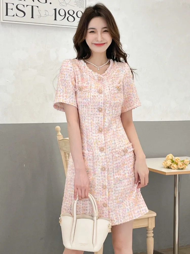 High Quality French Vintage Small Fragrance Tweed Summer Dress Women 2025 Elegant Fashion Chic Slim Waist Short Dresses Vestidos 250723