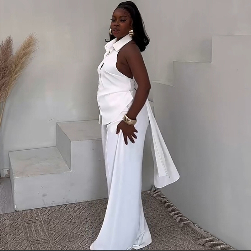 Womens Fashion 2025 Summer New Fashion Backless Bow Sleeveless Top Wide-Leg Long Pants Set