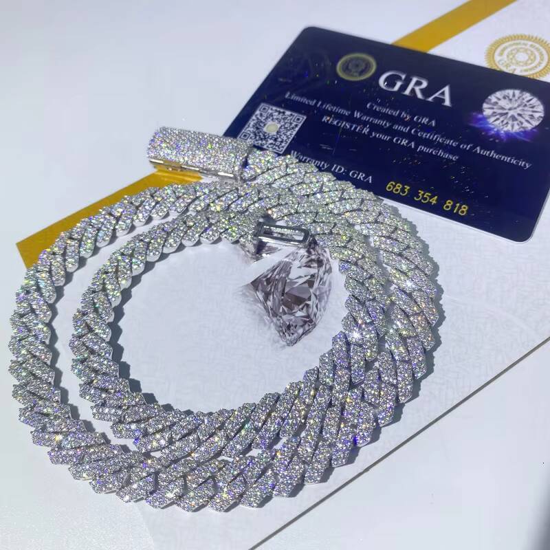 Sterling Silver 10mm Moissanite Prong Cuban Chain Moissanite Necklace