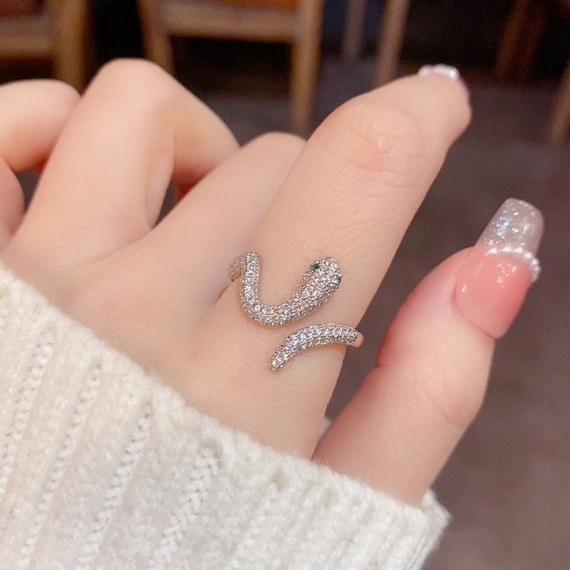 Silver - Tone Snake - Shaped Ring With Baguette And Round Rhinestone Accents Edgy Party Jewelry And Gift For Her High Quality And Sparkling Jewelry