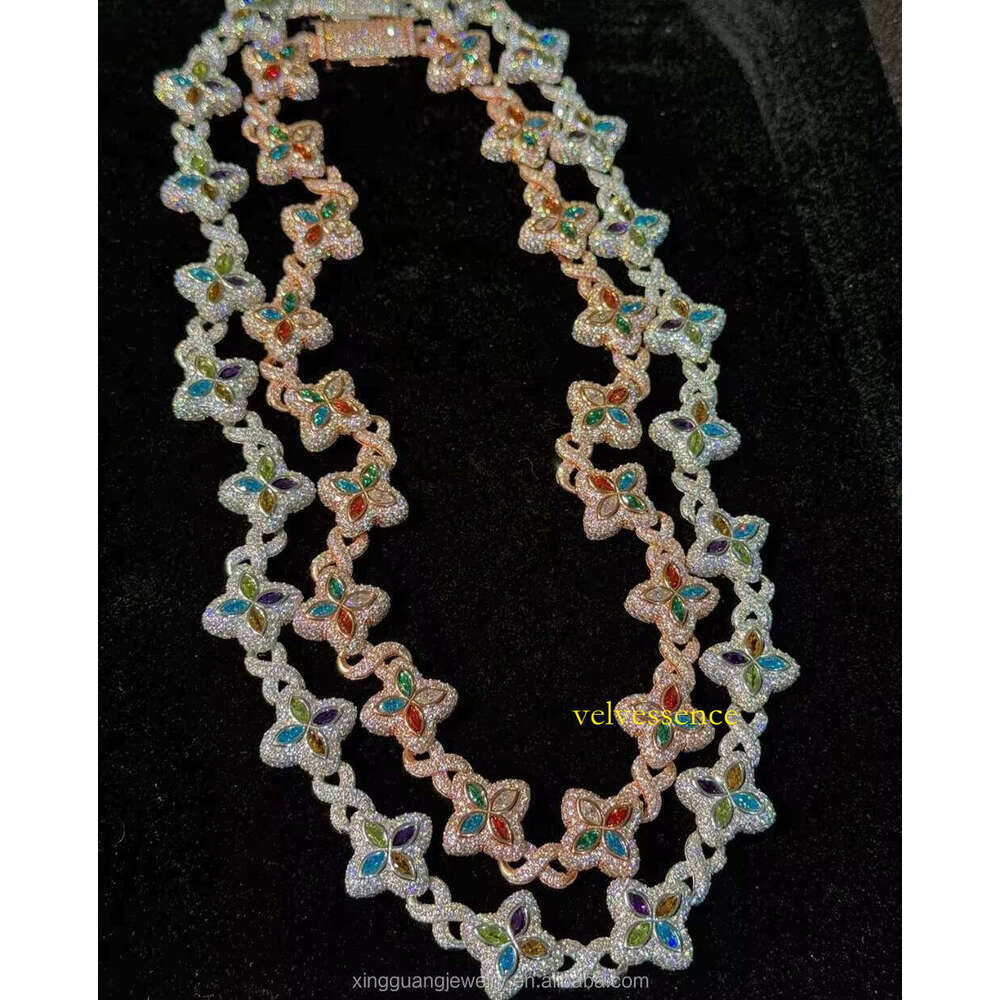 Fashion Fancy Colors Marquise Cut Moissanite Clover Charms Infinity Links Sterling Sier Cuban Link Chain Jewelry