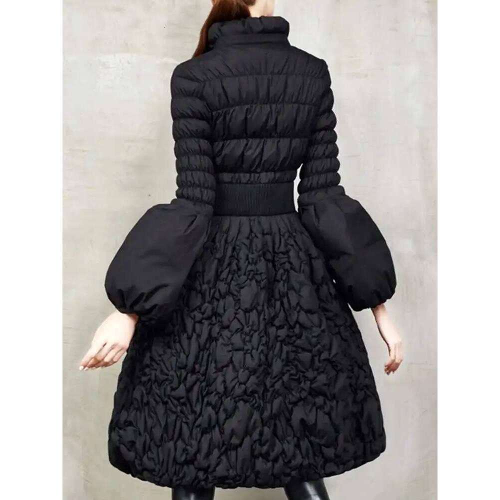 hoodie Fashion Pleated Design Down Coat For Women Stand Collar Long Sleeves Slim A-line Black Clothing Winter New 2VV229 jacket