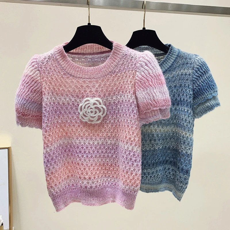 Korean Fashion Knitwear Women O-Neck Short Sleeve Casual Summer Y2K Chic Clothing Sweater Pullovers Tops Pull Femme Tees 250723