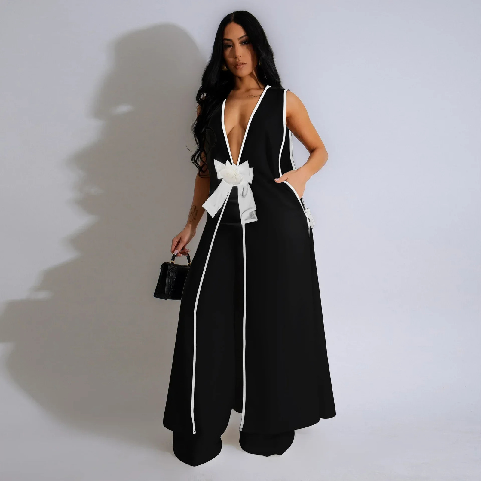 Womens Summer Fashion Sexy Two-piece Set Camellia Bow Sleeveless Spell Color Long Sundress Solid Color Wide Leg Trouser Set 250723
