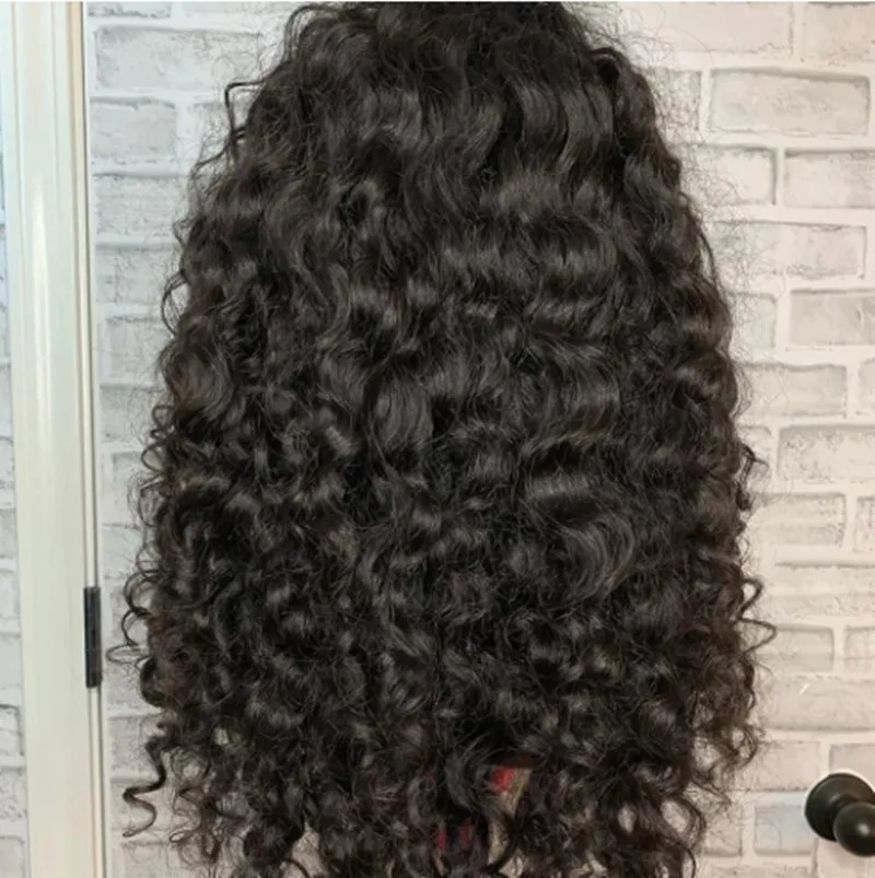 Soft Natural Black 26Inch Kinky Curly Long 180 Density With Bangs For Women High Temperature Fiber Glueless Daily Synthetic Lace Front Wig