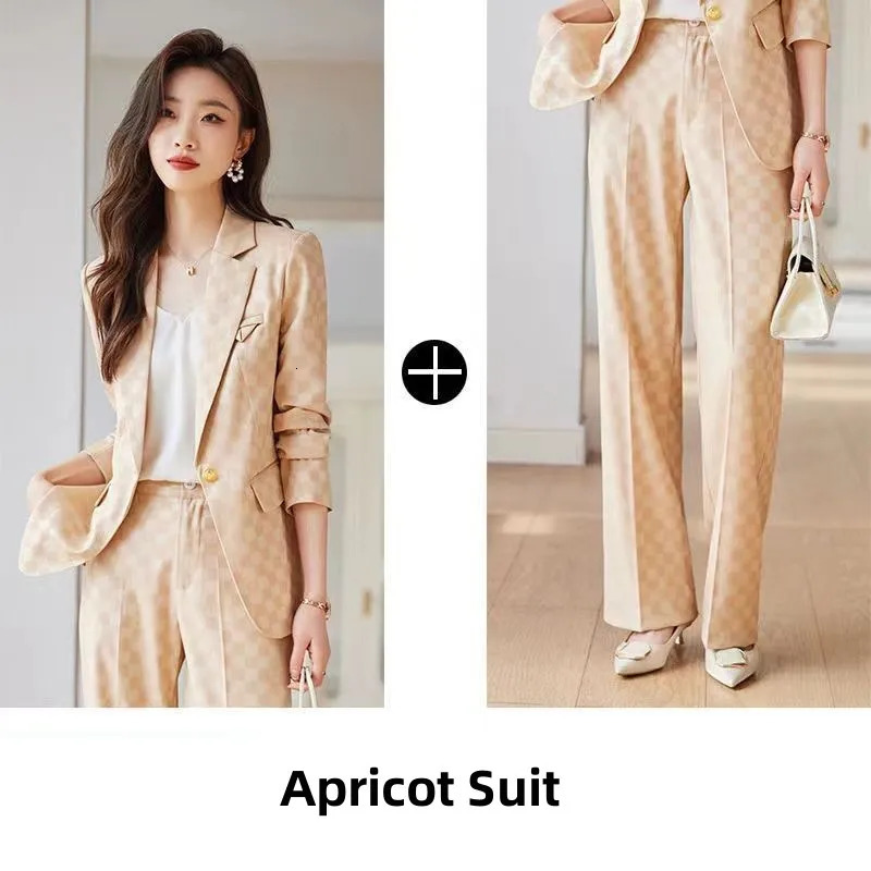 Womens Spring Autumn Fashion Plaid Professional Suit Jacket Matching Set Korean Elegant Casual Blazers Pants Two Piece 250723