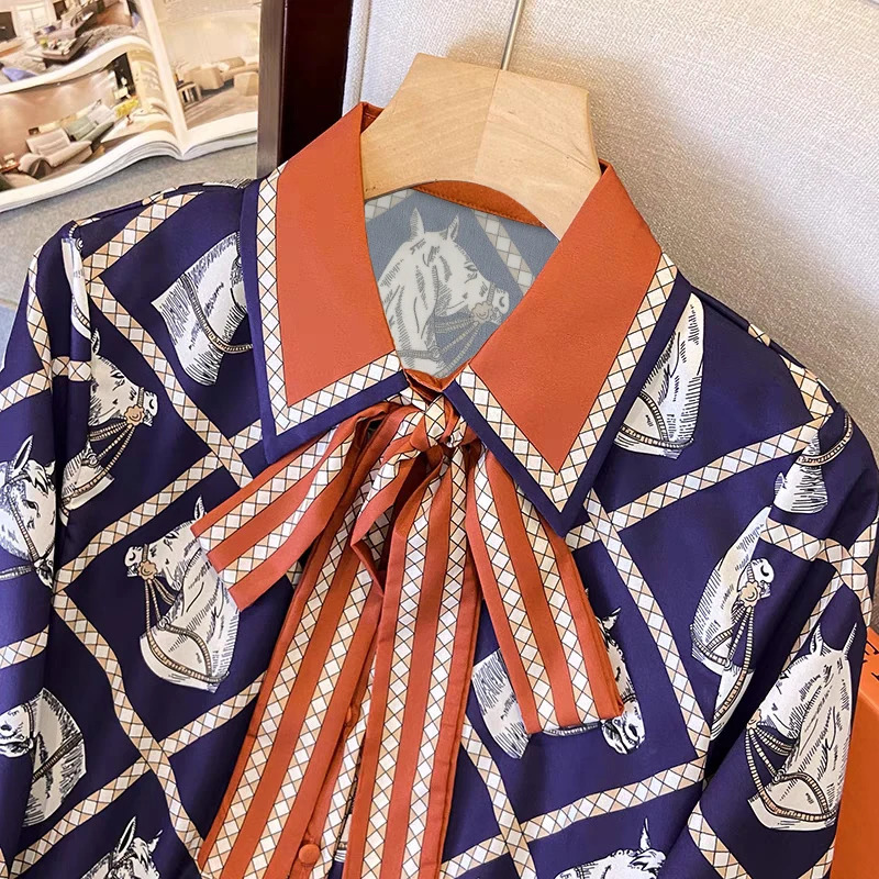 Silk Shirt Women Check Equestrian Print Horse Blouse Spring Summer Long Sleeve Tops Vintage Trend Y2K Clothing 250723