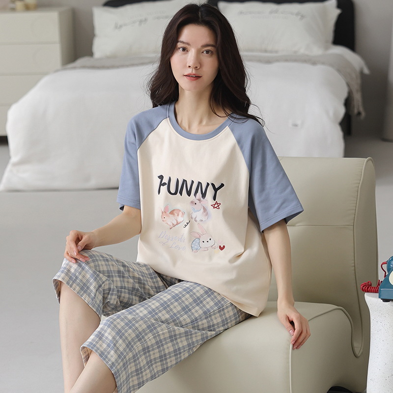 X203-Pajamas women summer pure cotton summer new short-sleeved cropped pants Korean style casual cute outer wear home clothes suit ladies