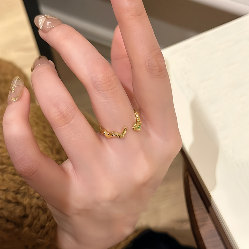 Gold - Tone Snake - Shaped Ring With Rhinestone And Emerald Accents Edgy Party Jewelry And Gift For Her High Quality And Sparkling Jewelry