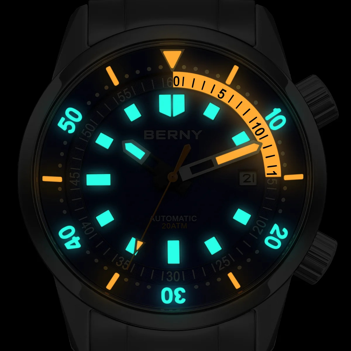 BERNY Diver Watches for Men 20AMT Super Luminous Automatic Mechanical Men's Dive Watch Full Stainless Steel 42mm Sapphire Diving