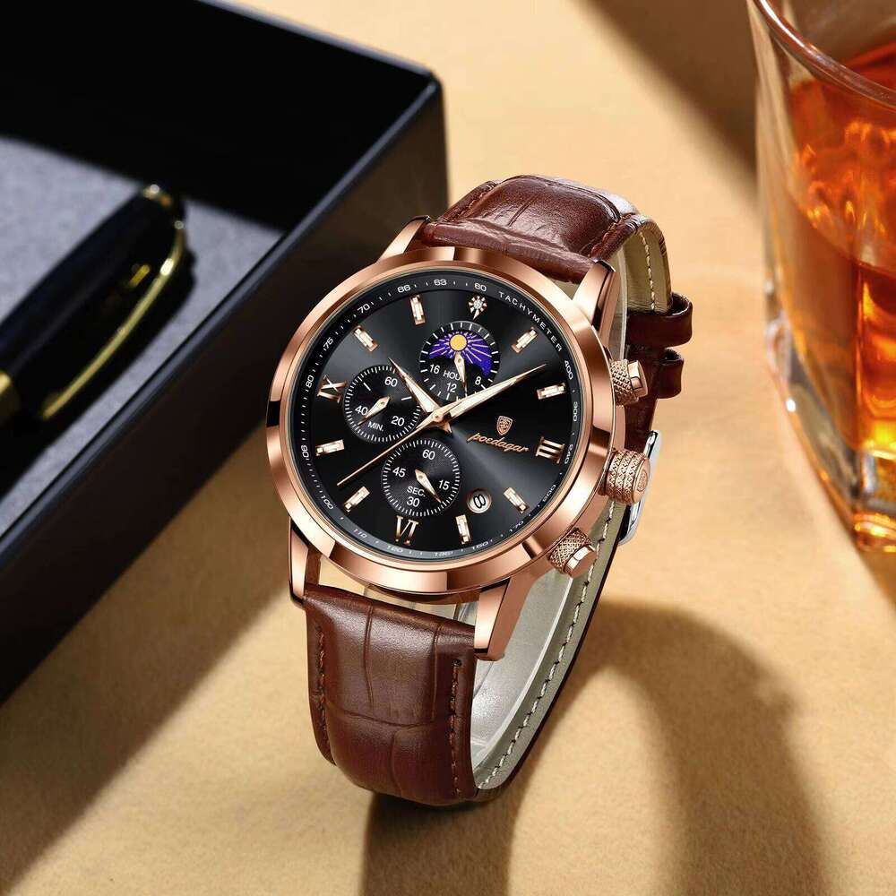 DHgargets POEDAGAR Men's Moon Phase Chronograph Watch - Multifunction, 30M Waterproof, Leather Strap, Quartz Wristwatch with Tachymeter