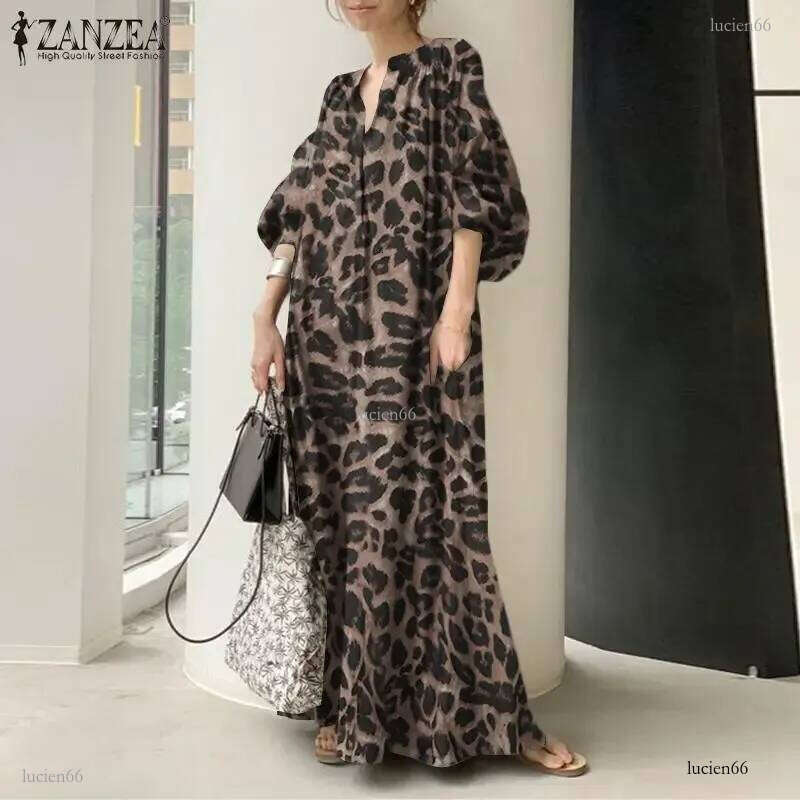 Fashion Printed Maxi Dress Womens Leopard Sundress ZANZEA Spring Puff Sleeve Long Vestidos Female V Neck Robe Oversize 241231
