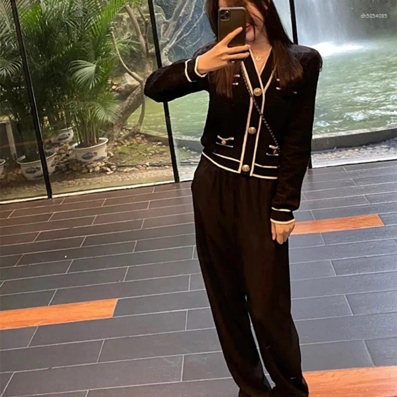 Women's Tracksuits Vintage Fall Winter Knitted 2 Piece Set Female Elegant V Neck Patchwork Sweater Top&Wide Leg Pants Suits Women Casual