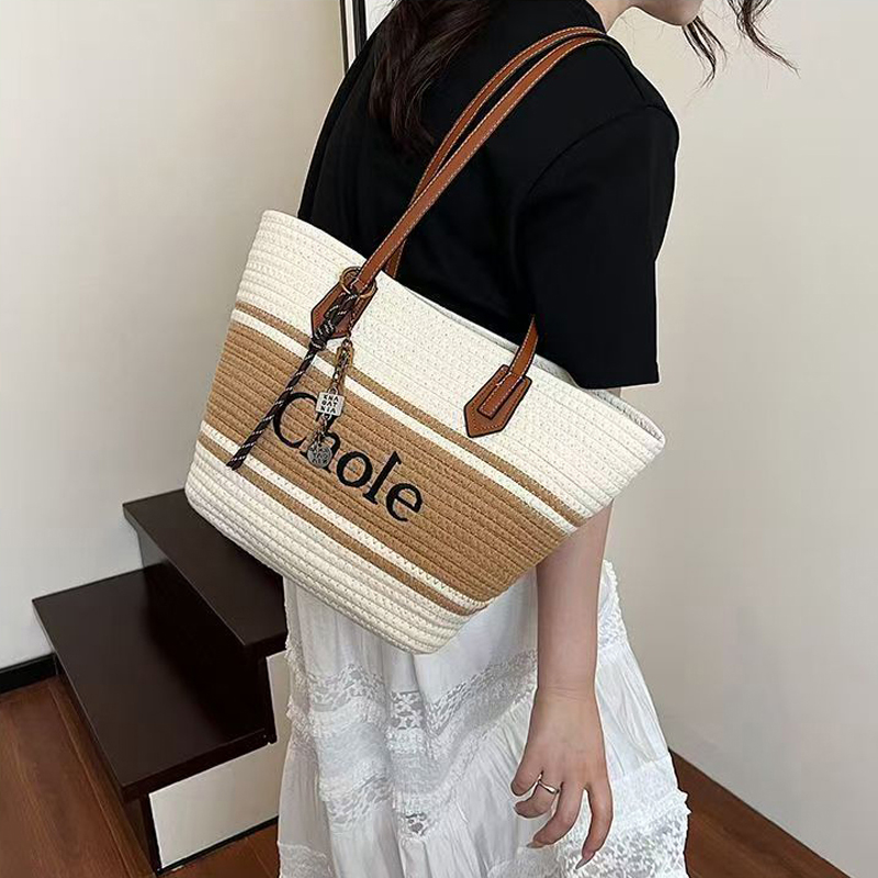 Designer bag Canvas bag Tote bag Shopping bag Single shoulder handbag Women's style Woody printed linen canvas with calf leather - Beige/Brown